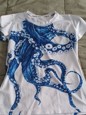 INKnBURN White Tee with Blue Octopus Graphic